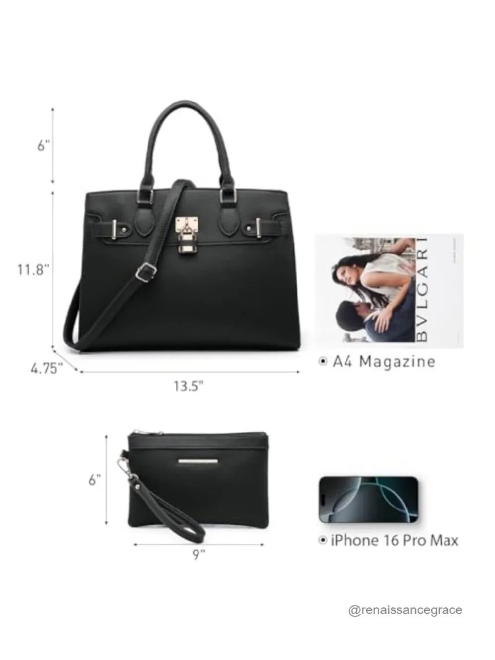 Ladies Vegan Leather Satchel Tote Work Bag with Matching Clutch